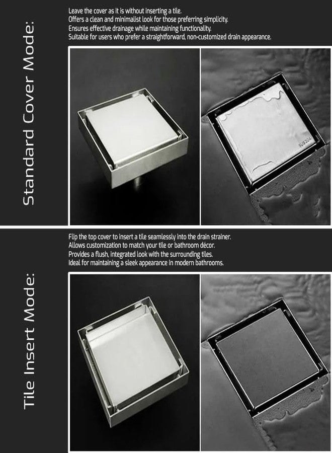 Pixaflo Square Tile Insert Floor Drain | 5 x 5 Inches | 304 Stainless Steel | Invisible Shower Drain Channel | Waste Water Floor Drain for 13mm Tile | Drainer Channel | Anti Cockroach Trap | Silver - Image 2